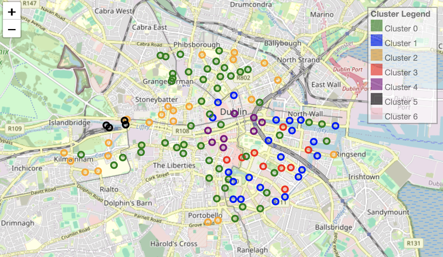 Map of Dublin showing bike stations clustered by fullness using K-means analysis